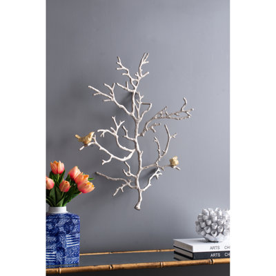 2Pcs 17X5.5X22" Metal Branch Wall Decor With Bird Features. Modern Tranquility Inspired. Silver And Gold Blend For Interior. Aluminum Craftsmanship 2 Art Details. Infuse Into Decor. Rooms. Made