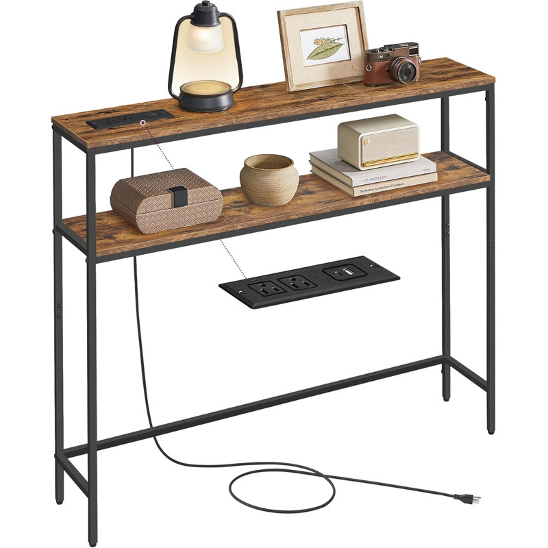 Console avec prise de courant, canapé étroit à 2 niveaux avec 2 tablettes, brun rustique et noir encre