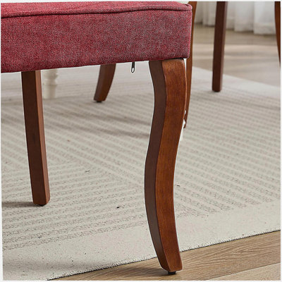 Renault mixed suede leather dining table and chair, groove kitchen dinner chair, comfortable fabric seat, suitable for restaurants, with curved solid wood legs, 2 sets (carmine red)