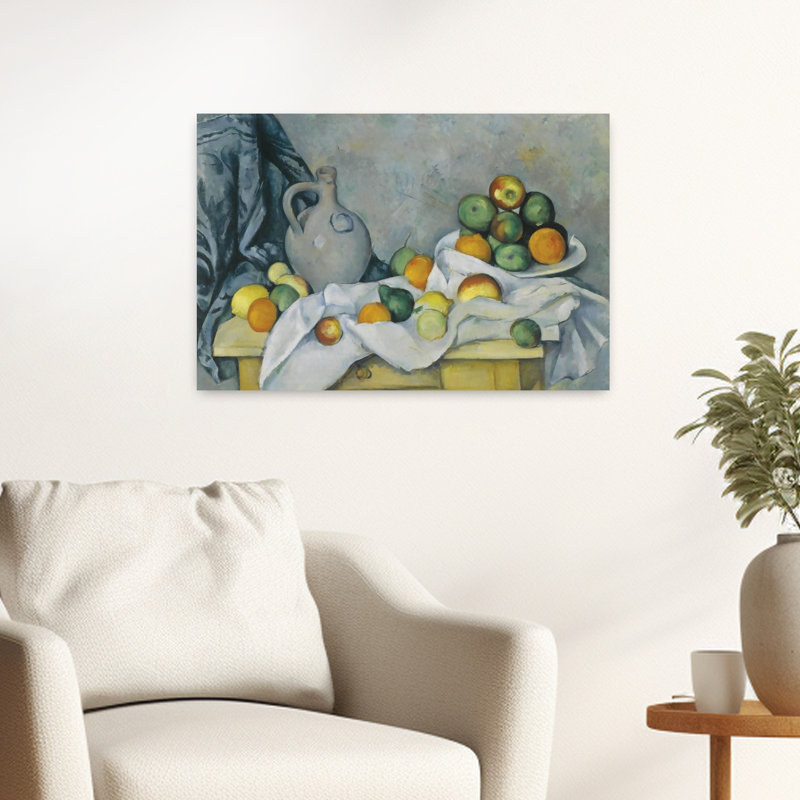 Rideau, cruche et bol de fruits, C., H 16 po x l 24 po