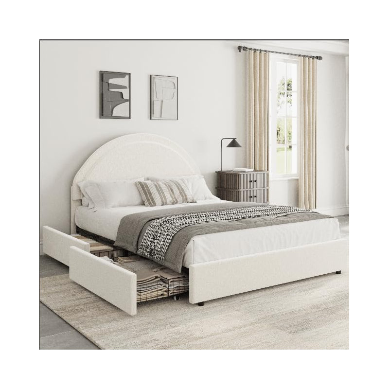 Base de lit tapissier avec 2 tiroirs de rangement Modern, Lit simple, Blanc