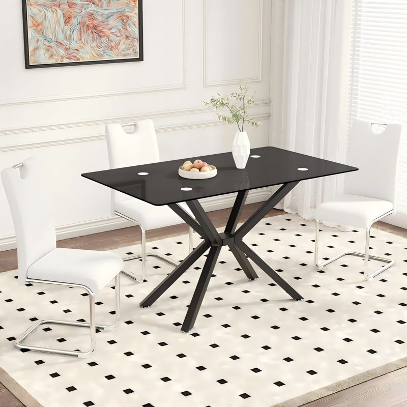 47.24" Rectangular Tempered Glass Dining Table With Black Metal Legs