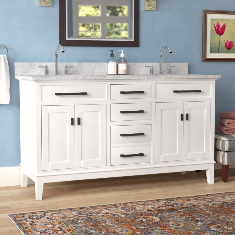 Meuble-lavabo double 60 po Anglet, Blanc de Carrare, Blanc