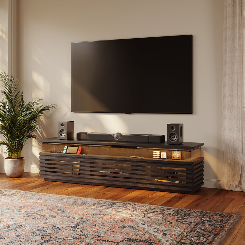 Selene Slatted Media Console With LED Lighting, No Assembly Required, Black, 20.47"H x 78.74"L x 17.72"W
