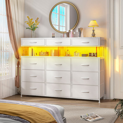 Commode pour chambre à coucher avec 12 tiroirs, commodes avec lumière DEL, station de charge et feuille d'acrylique