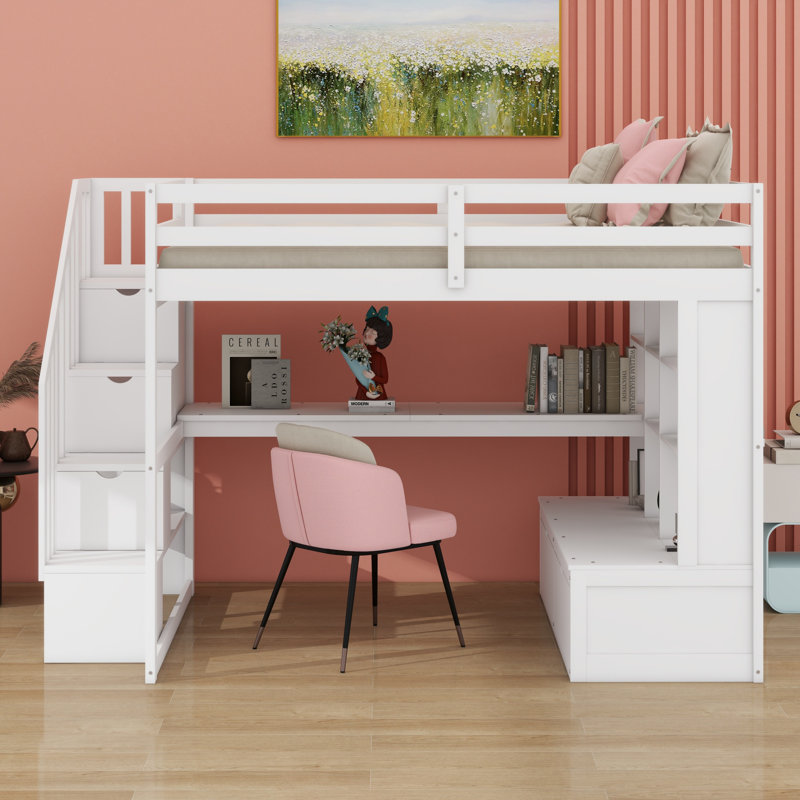 Lit mezzanine avec bureau et tablettes, tiroirs, escalier de rangement, Blanc