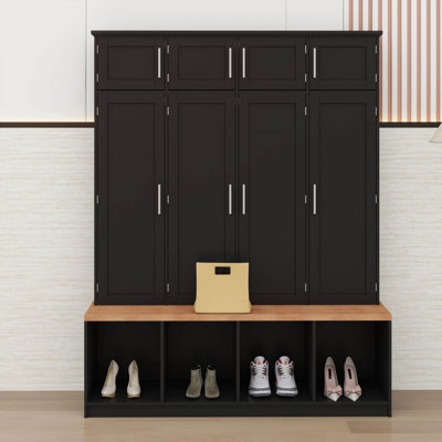 Farmhouse Hall Tree With 4 Hidden Hanging Hooks, Versatile Walnut Seating Bench With 8 Doors, Entryway Shoe Cabinet