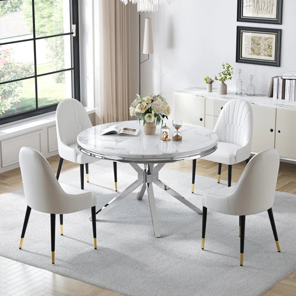 46.85”Faux Marble Top Stainless Steel Base Dining Table Set, White/Silver, White/Silver