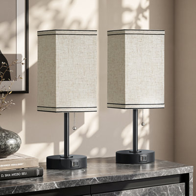 16.7" Modern Table Lamp Set with Pull-Chain Switch,USB C+A Charging Ports and Bulbs Included