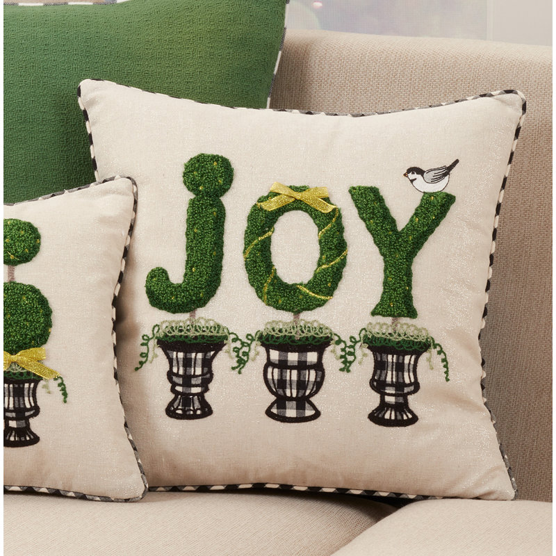 Beige Square Topiary Joy Design Throw Pillow, 18"