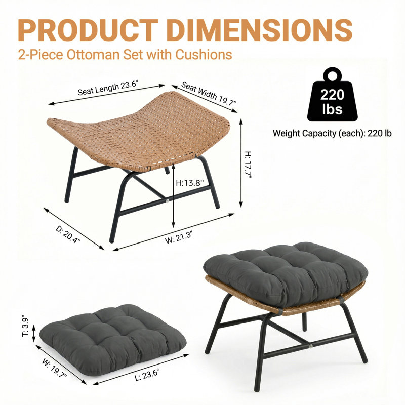 Nellysford Wicker Outdoor Ottoman (Set of 2), Upholstered Patio Footrest with Metal Frame for Deck, Porch Lounge Chair