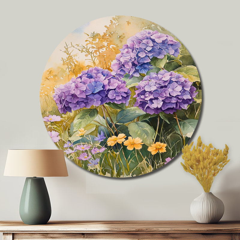 Décoration murale en métal champêtre hortensias et fleurs sauvages I - Hortensias, H 16 po x l 16 po