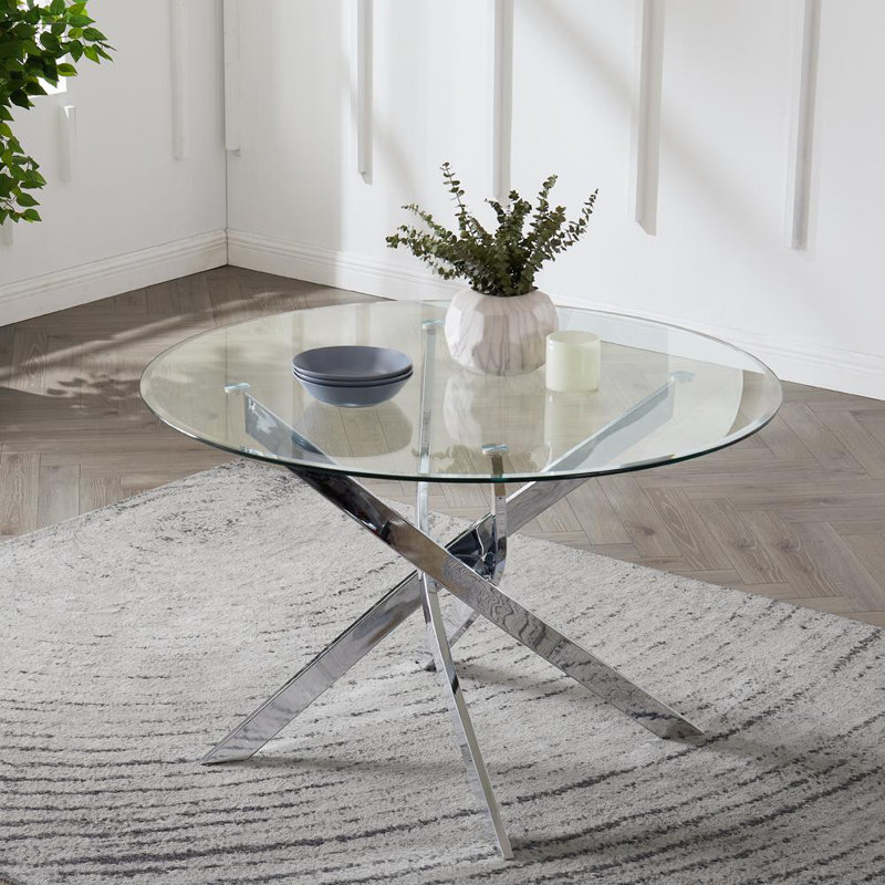 Round Glass Top Metal Base Dining Table, 75cm H x 100cm L x 100cm W, Silver