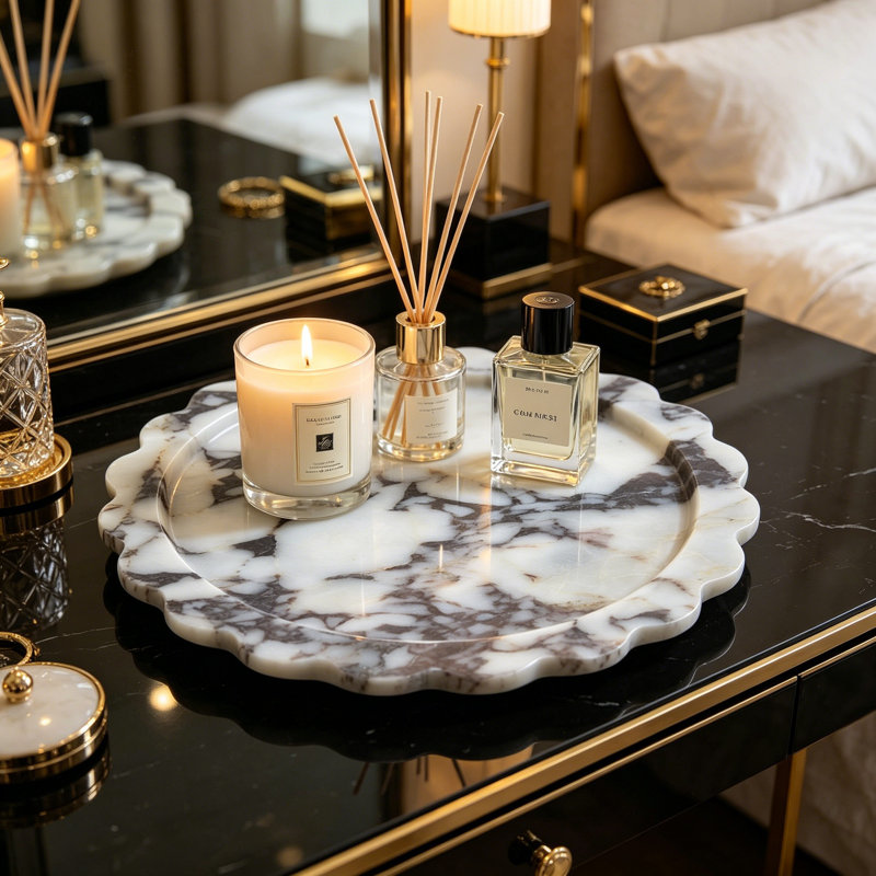 Calacatta Viola Marble Tray With Scalloped Edge, 11 Inch Round Decorative Tray For Coffee Table Centerpiece, Natural Stone Home Decor