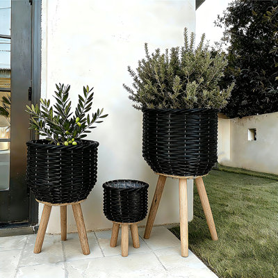 Set of 3 Poly Rattan Baskets with Rope Texture and Tapered Wooden Legs, L:12x12x23.5" M:10x10x17.5" S:8x8x13.5"