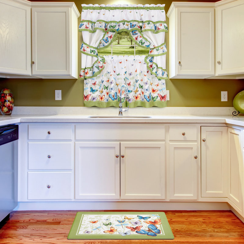 White and Green Butterfly Polyester Kitchen Tier Curtain Set