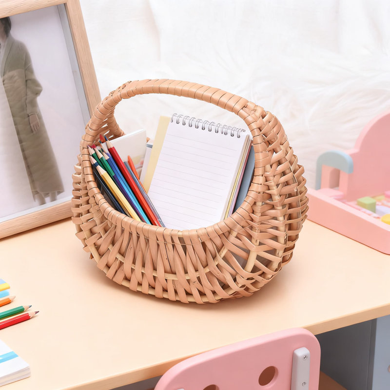 Hand-Woven Half-Moon Rattan Basket With Handle And Plastic Liner, Retro Storage Container For Home Decor And Organization