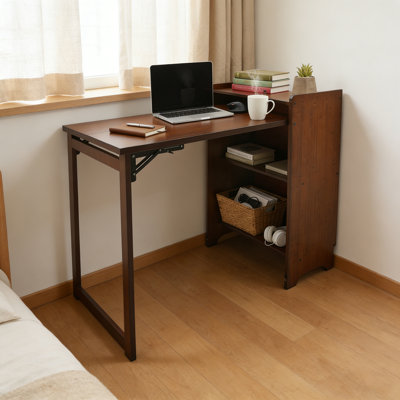 Foldable Desk with Storage Shelves Bamboo Bookcase with Drop down Table for Bedroom Apartment Dorm Small Home Office Study Use