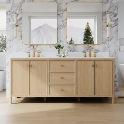 Meuble-lavabo autoportant en bois massif de chêne clair l 80 po x H 35 po avec comptoir en quartz et lavabo double encastré en céramique