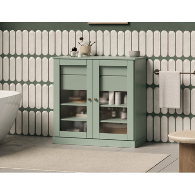 Armoire de salle de bain 100% bois massif 32 po avec portes en verre givré, 2 tiroirs et tablettes réglables