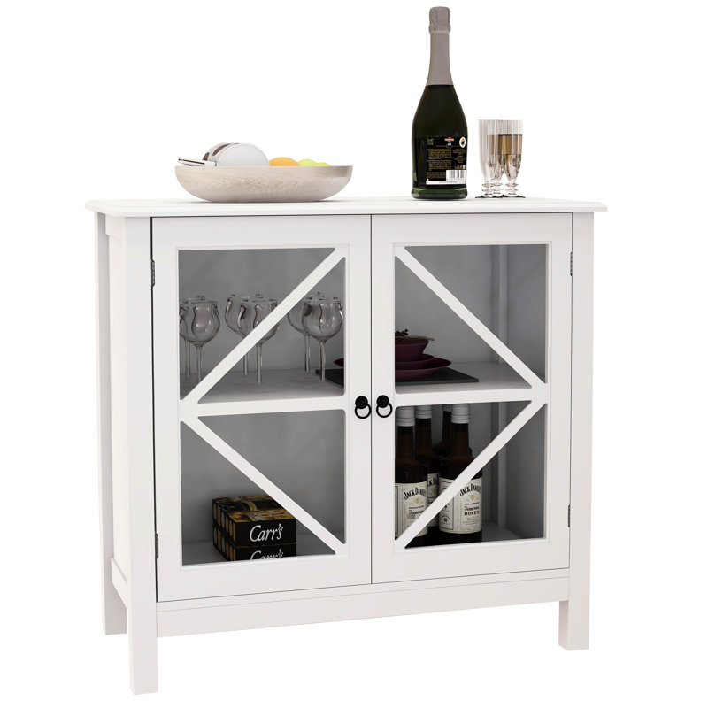Double Glass Doors Kitchen Storage - Rustic Style Cabinet. Construction, White. Easy To Assemble Cabinet With Entrances Buffet For Home. , White Finish. Simple