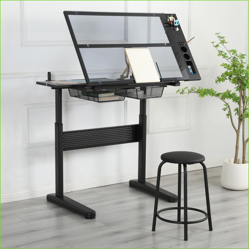 Bureaux | Bureau à dessin réglable à manivelle avec 2 tiroirs en métal Tabouret | Noir | Verre et métal
