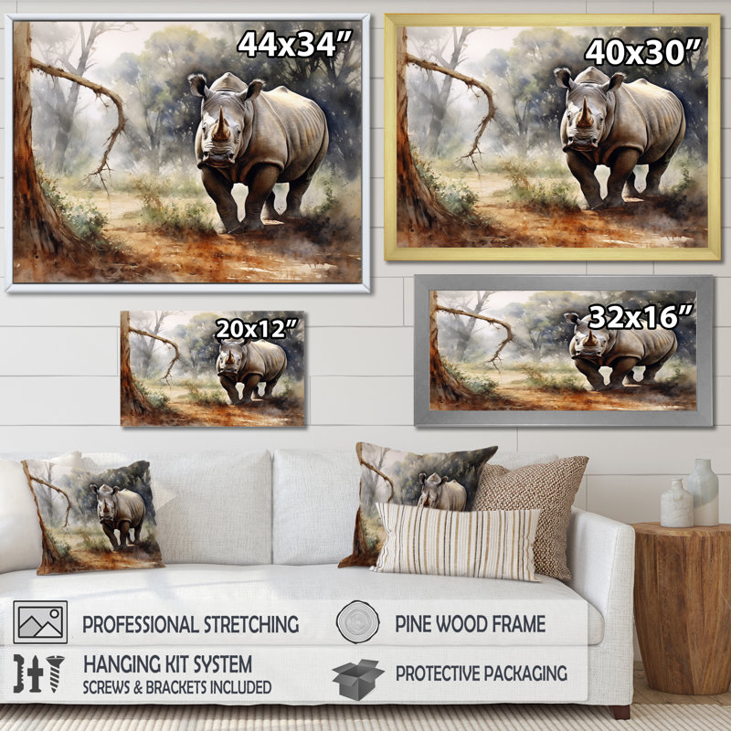Wild Rhinoceros III - Reproduction d'art mural animaux, Cadre doré à une seule photo, H 30 po x l 40 po x P 1,5 po