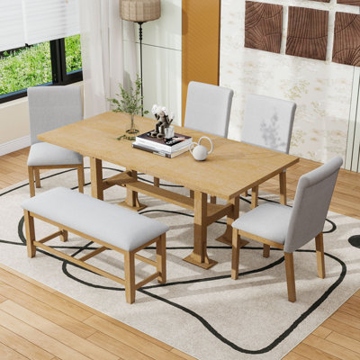 6-Piece Extendable Dining Table Set with Removable Leaf, Trestle Base, Upholstered Chairs and Bench
