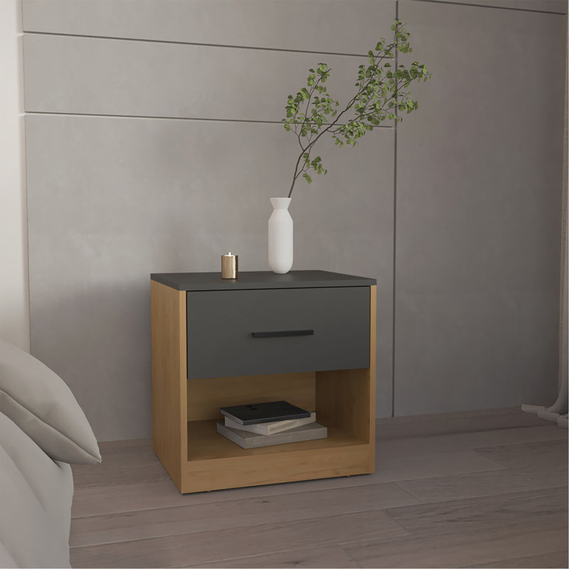 Table de chevet, 1 porte, 1 tablette, Bois naturel