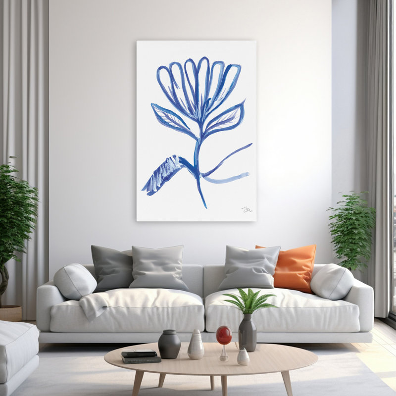 Bleu et blanc, fleur unique - art abstrait floral contemporain unique à l'encre bleue, H 40 po x l 60 po