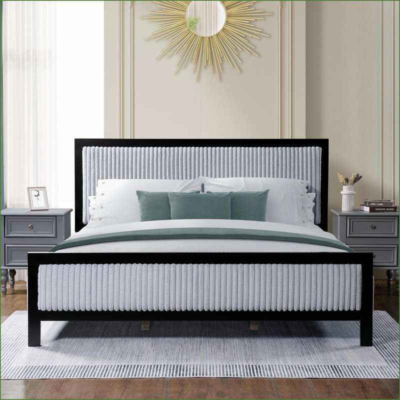 Très grande base de lit en bois massif pour très grand lit - capacité silencieuse de 800 lb + tête de lit tapissier noire pour la chambre principale