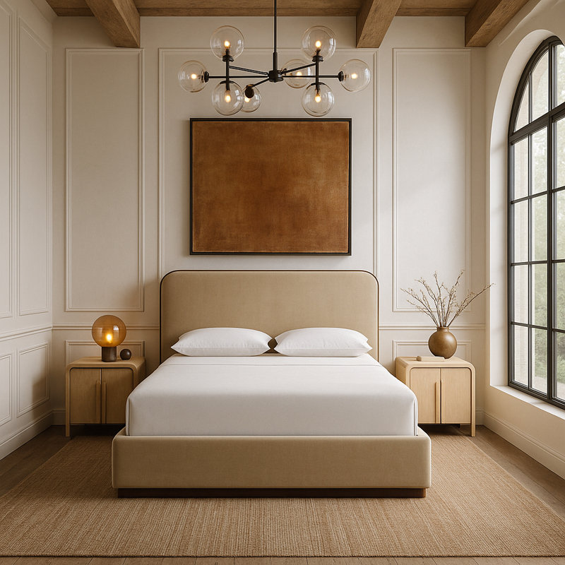 Lit tapissier Dayna, Velours beige, Très grand
