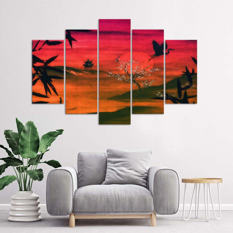 Japanese Red Landscape - 5 Piece Wrapped Canvas Print, 100cm H x 200cm W