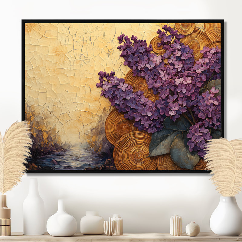 Gildea Lilacs Flowers Into A Wooden Slide Pattern II - Lilas, art mural, H 12 po x l 20 po, Impression encadrée flottante
