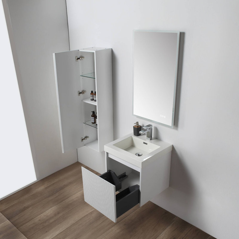 Meuble-lavabo flottant avec lavabo et armoire latérale 20 po Loften, Blanc mat