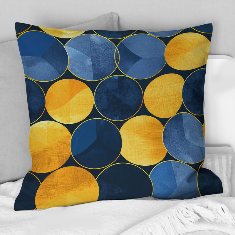 Bleu, jaune, moderne, cercles, V, moderne, coussin décoratif, H 18 po x l 18 po