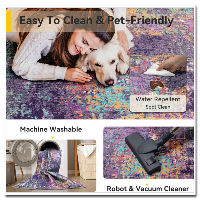 Washable 8'X10' Non-Slip Area Rug - Modern Abstract Soft Print Rug For Living Room Entryway Bedroom Nursery, Purple Orange Blue Green Rust Red
