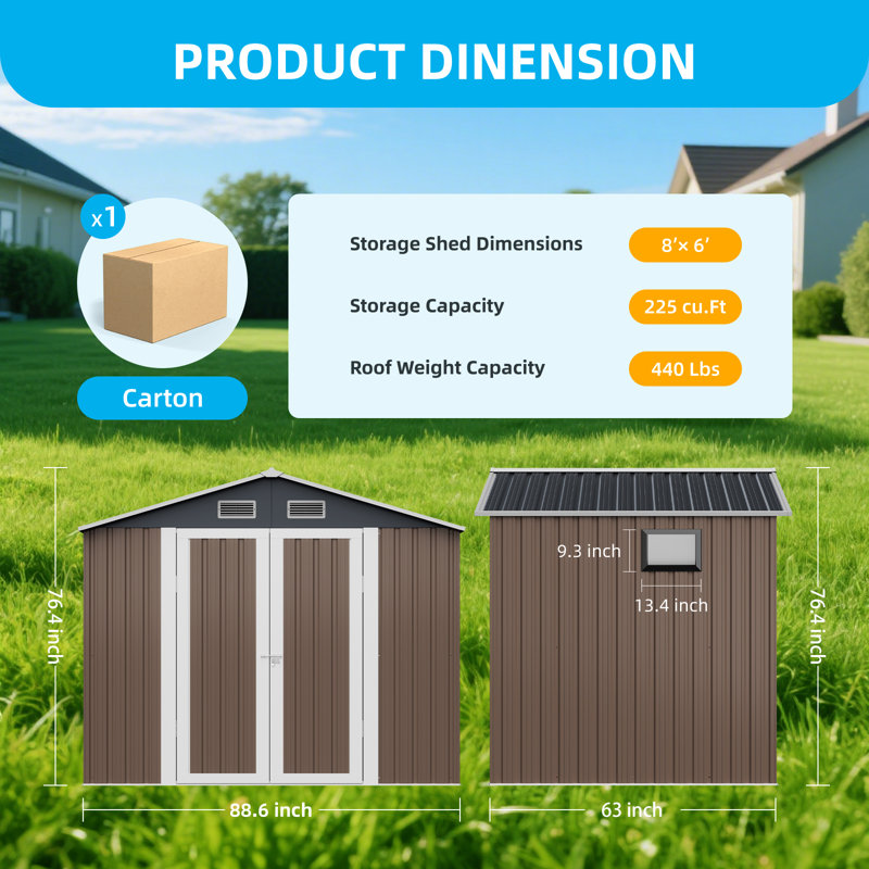  8x6 Ft Outdoor Metal Storage Shed, Lockable Double Door Garden Shed with Rain Gutter Roof Grey/Brown, Brown