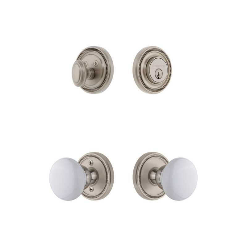 Grandeur Soleil Rosette Entry Set with Hyde Park Knob in Antique Pewter, 2.375", Satin Nickel