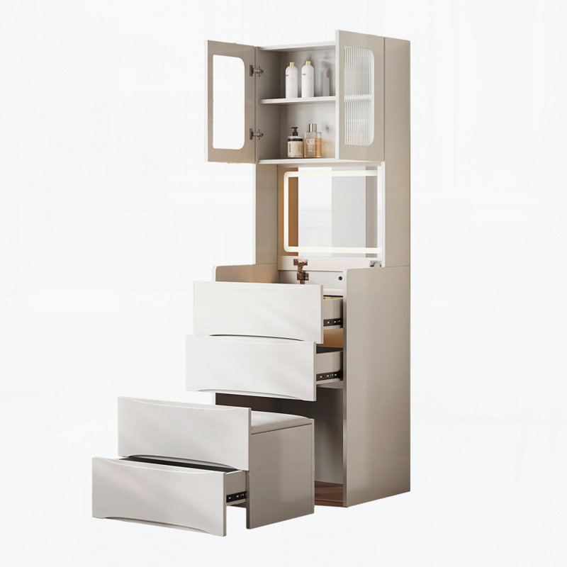 Coiffeuse 3 en 1 avec miroir à DEL réglable, 5 zones de rangement indépendantes et tabouret de rangement assorti pour les cosmétiques de la chambre à coucher