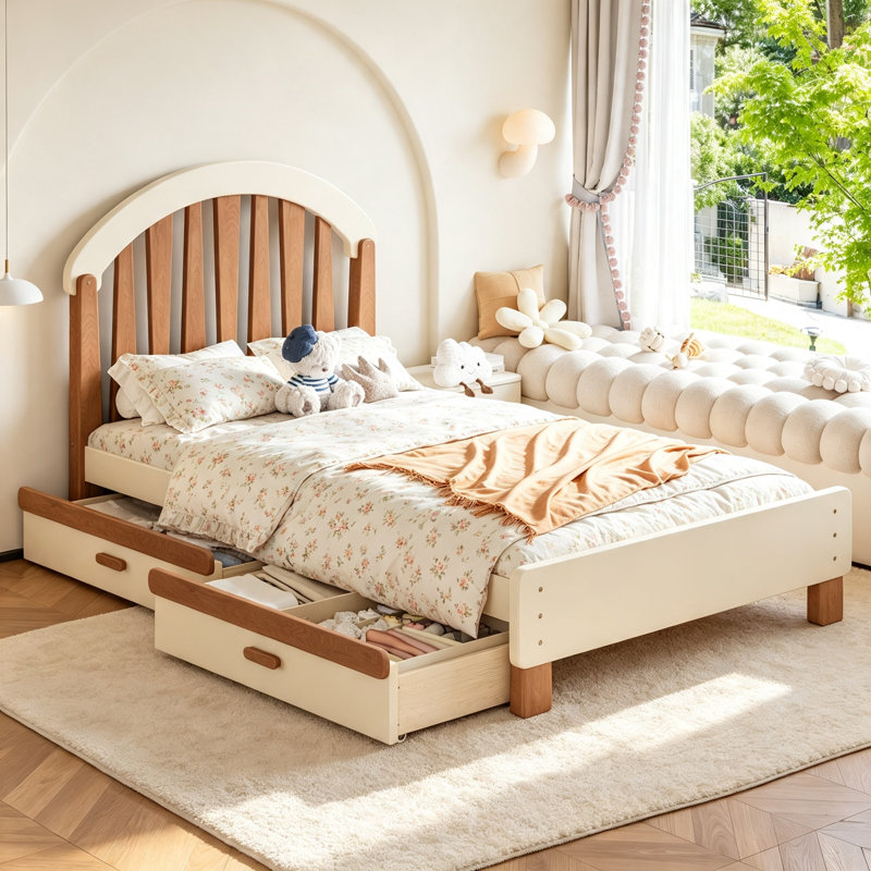 Lit plateforme simple avec tiroir de rangement, structure de lit simple en bois avec tête de lit ronde, aucun sommier nécessaire, beige et naturel profond