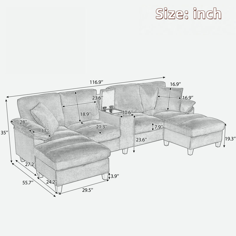Canapé modulaire moderne en forme de U avec porte-gobelets, ports USB et repose-pieds avec rangement, Velours côtelé vert