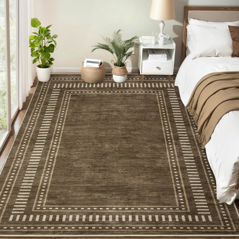Tapis bordé lavable à la machine avec envers antidérapant Tapis antidérapant pour salon, Rectangle 9 pi x 12 pi, Brun