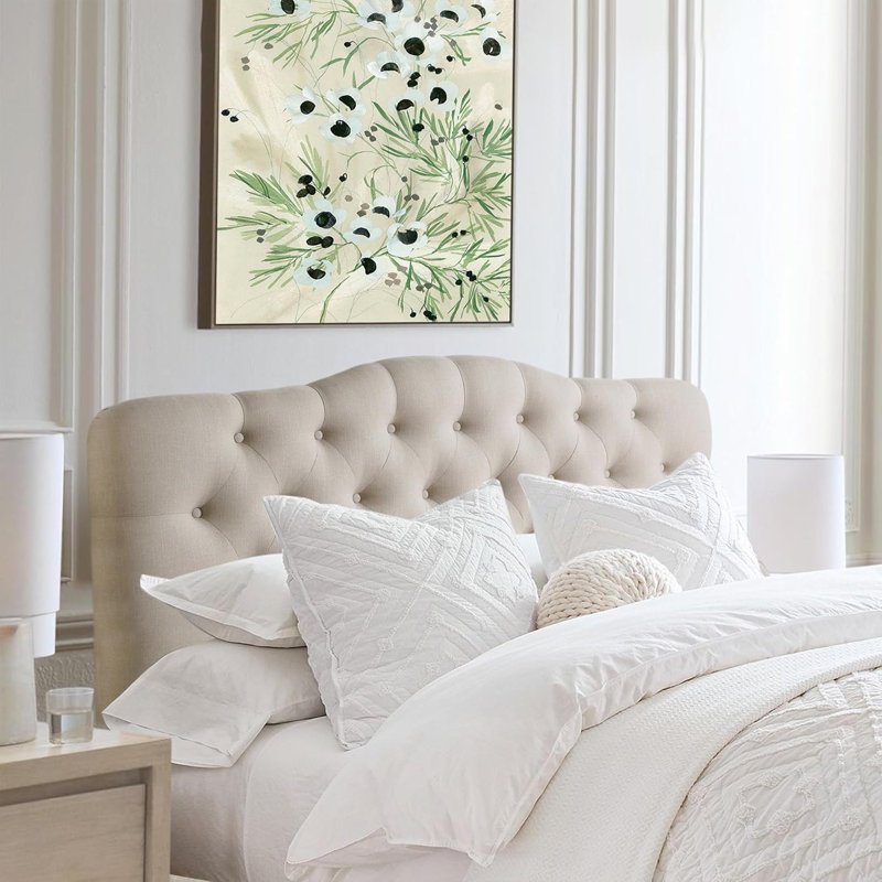 Linen Upholstered Headboard-Modern-Adjustable Height-Button Tufting, Beige, Twin