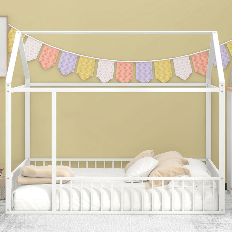 Structure de lit pleine grandeur en métal avec clôture, pour enfants, adolescents, filles, garçons, blanc, Lit double, Blanc