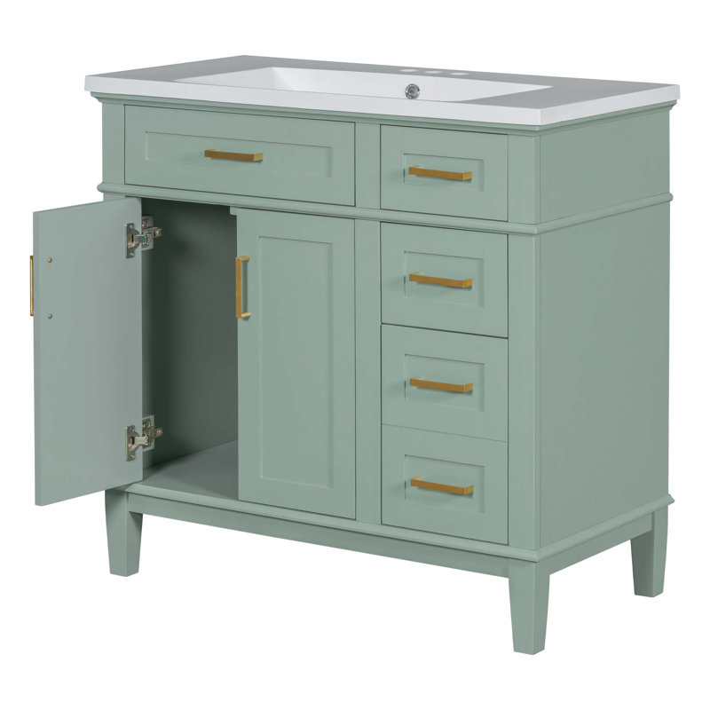 Meuble-lavabo moderne avec lavabo en résine, 2 portes à fermeture douce et 4 tiroirs, Vert