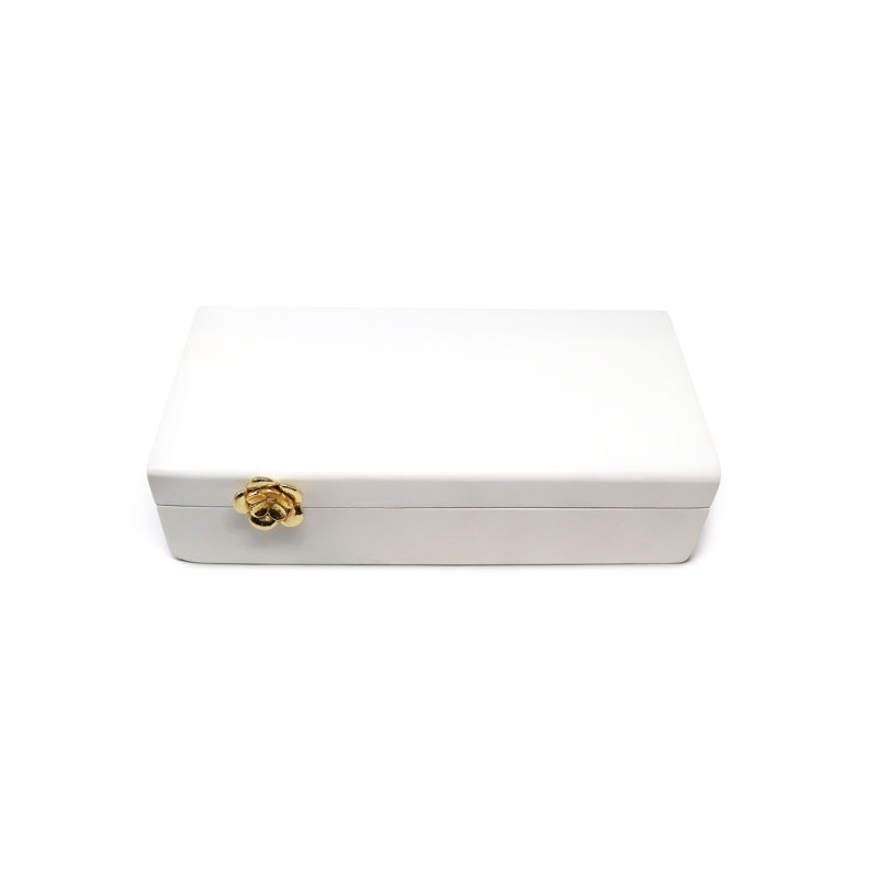 Mercer41 Rectangular White Wood Decorative Box with Gold Flower Detail, 3" H x 12" W x 6" D
