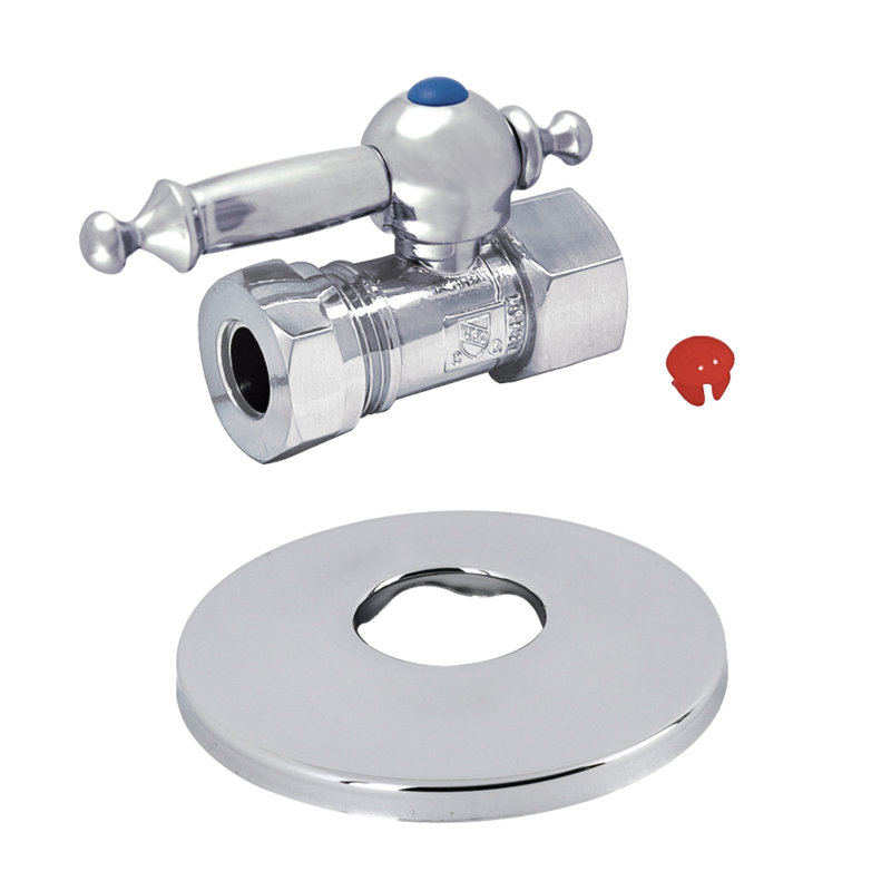 Valve d’arrêt de porte en quart de tour rectiligne avec collerette, Chrome poli