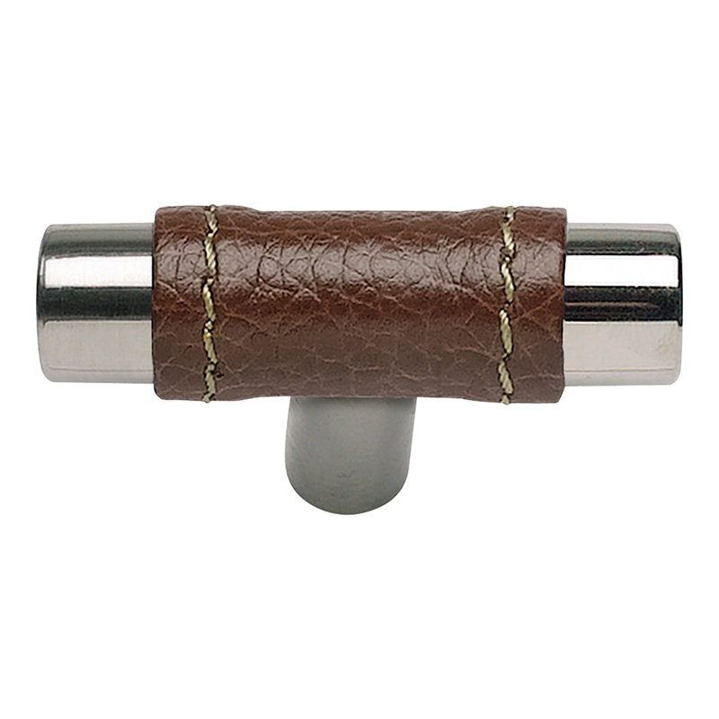 Modern Polished Chrome and Brown Leather Geometric Knob