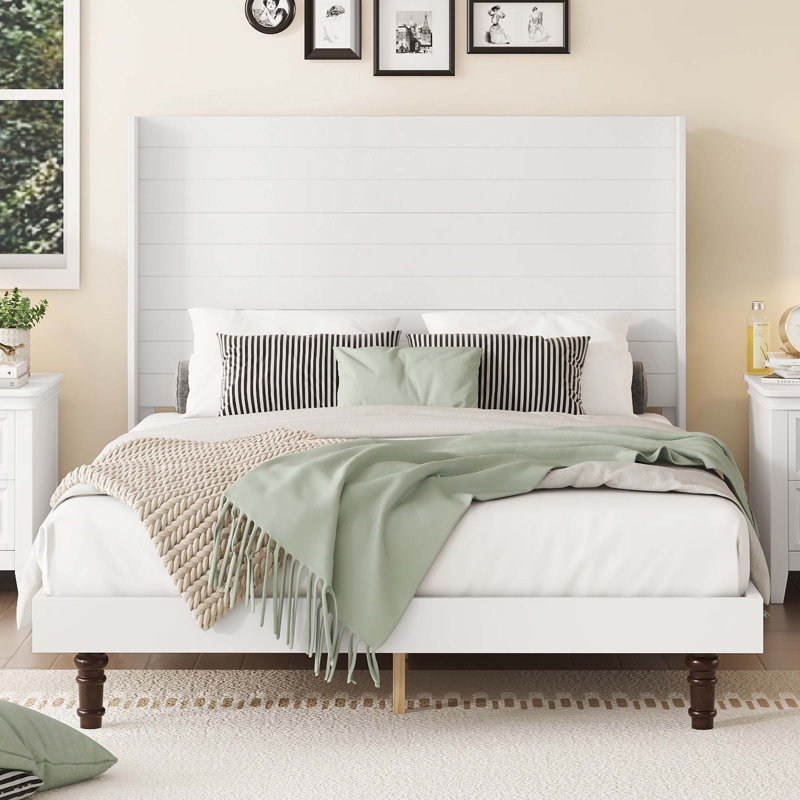 Stylish High Headboard Platform Bed, White, Queen